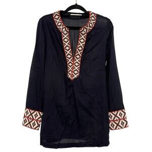 Tory Burch Tunic Long Sleeve Top Navy Size 4 Tribal Beach Cover Embroider‎ Sheer